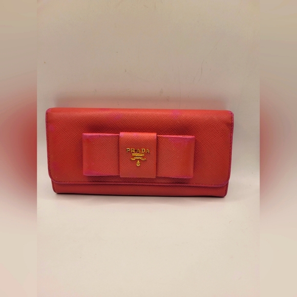 Prada Saffiano Fiocco Leather Bow Ribbon Bifold Long Pink Peonia Wallet